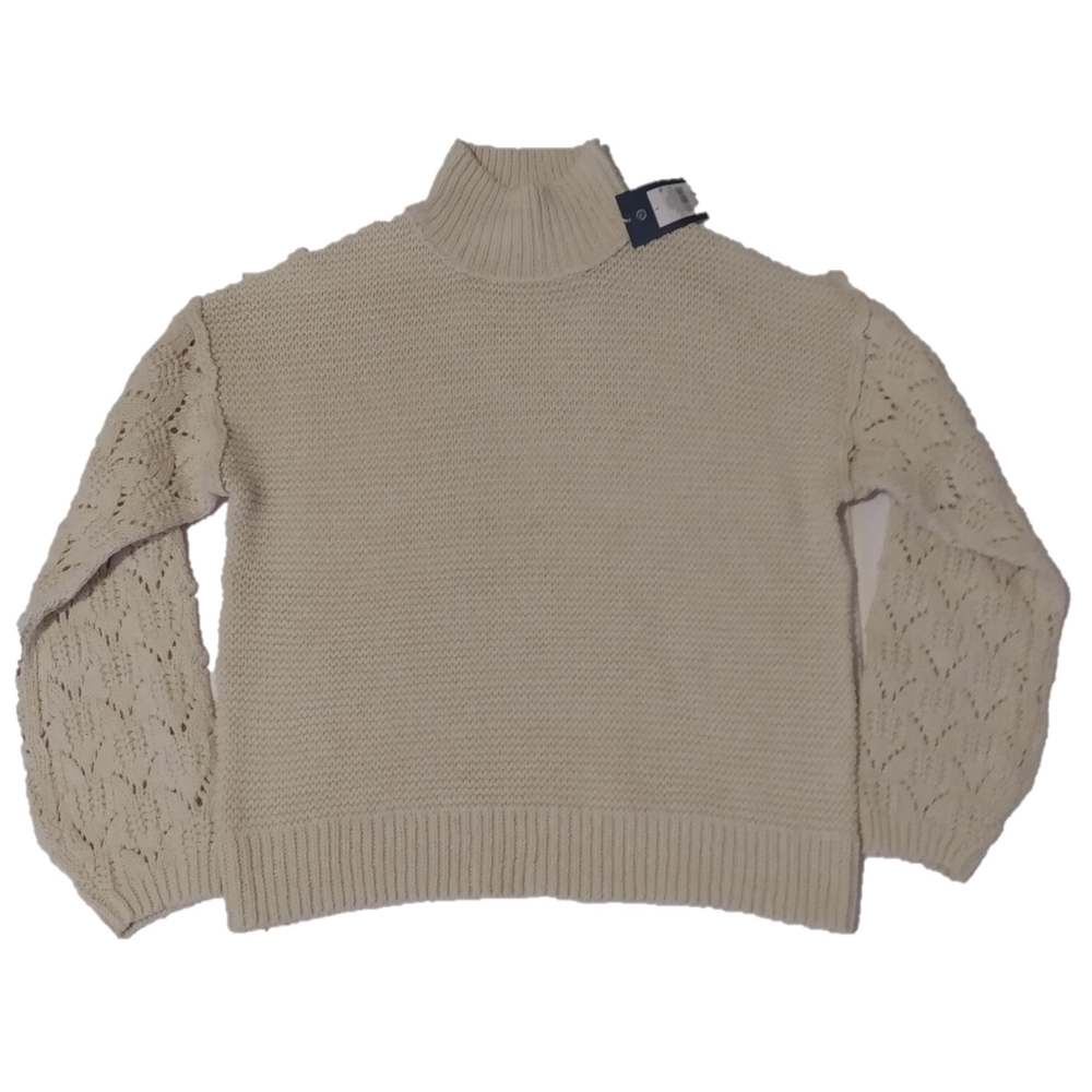 Women’s knit turtle-neck woven sweater cream
